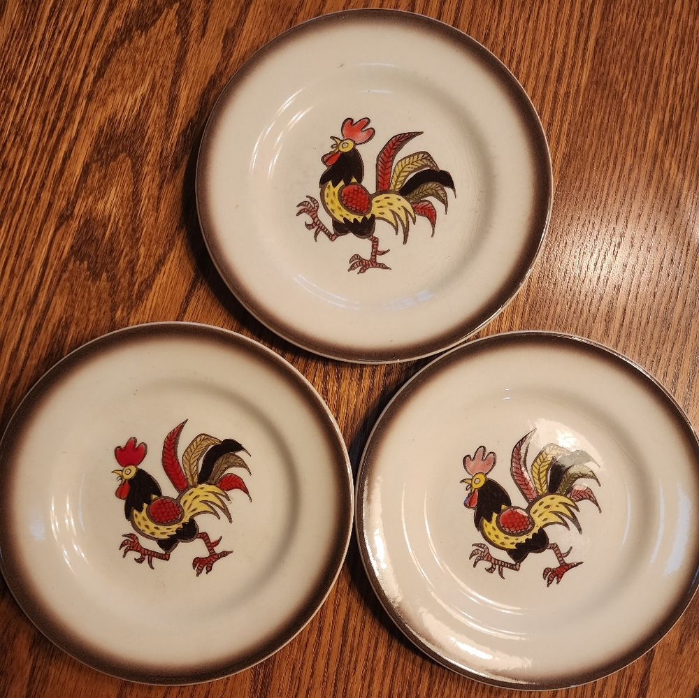 Vintage 3 Metlox Poppytrail Red Rooster Salad Plates 6.5 inches